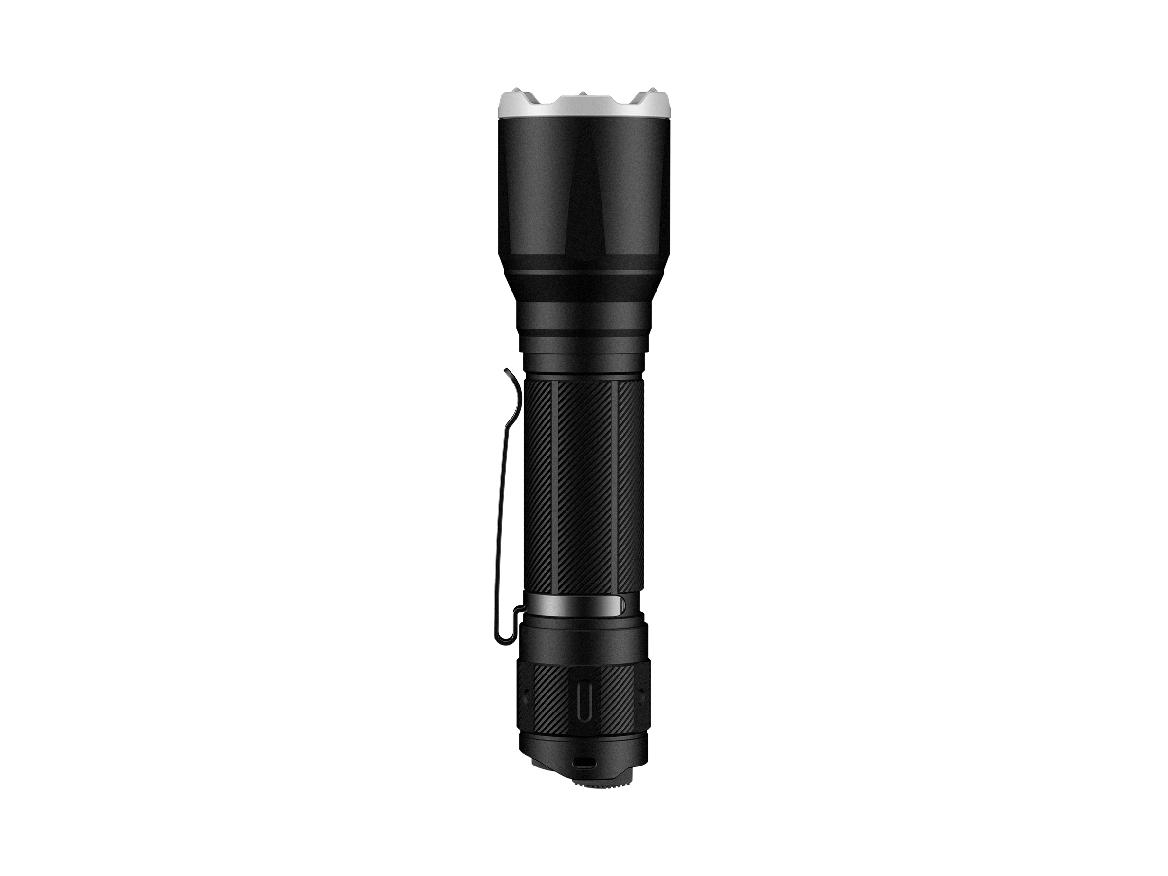 Fenix TK17 tactical flashlight showcasing dual switch design and durable construction from a bottom view.