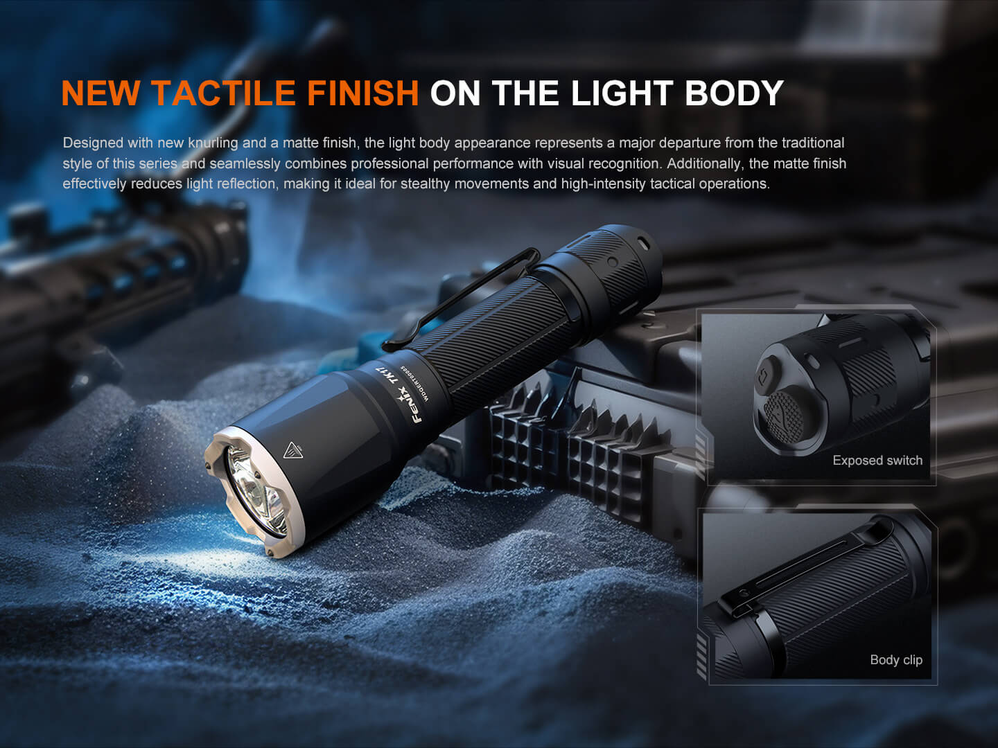 Fenix TK17 tactical flashlight with dual switch design, showcasing durable finish and compact structure.