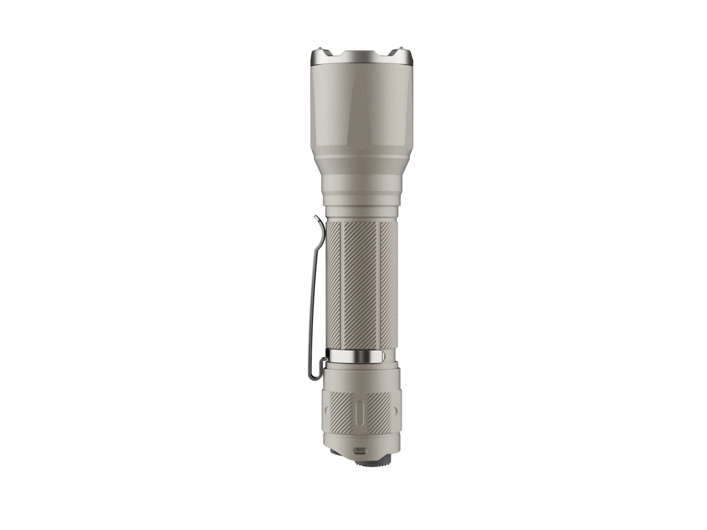 Khaki Fenix TK17 tactical flashlight with dual switches, showcasing its durable design and compact size.