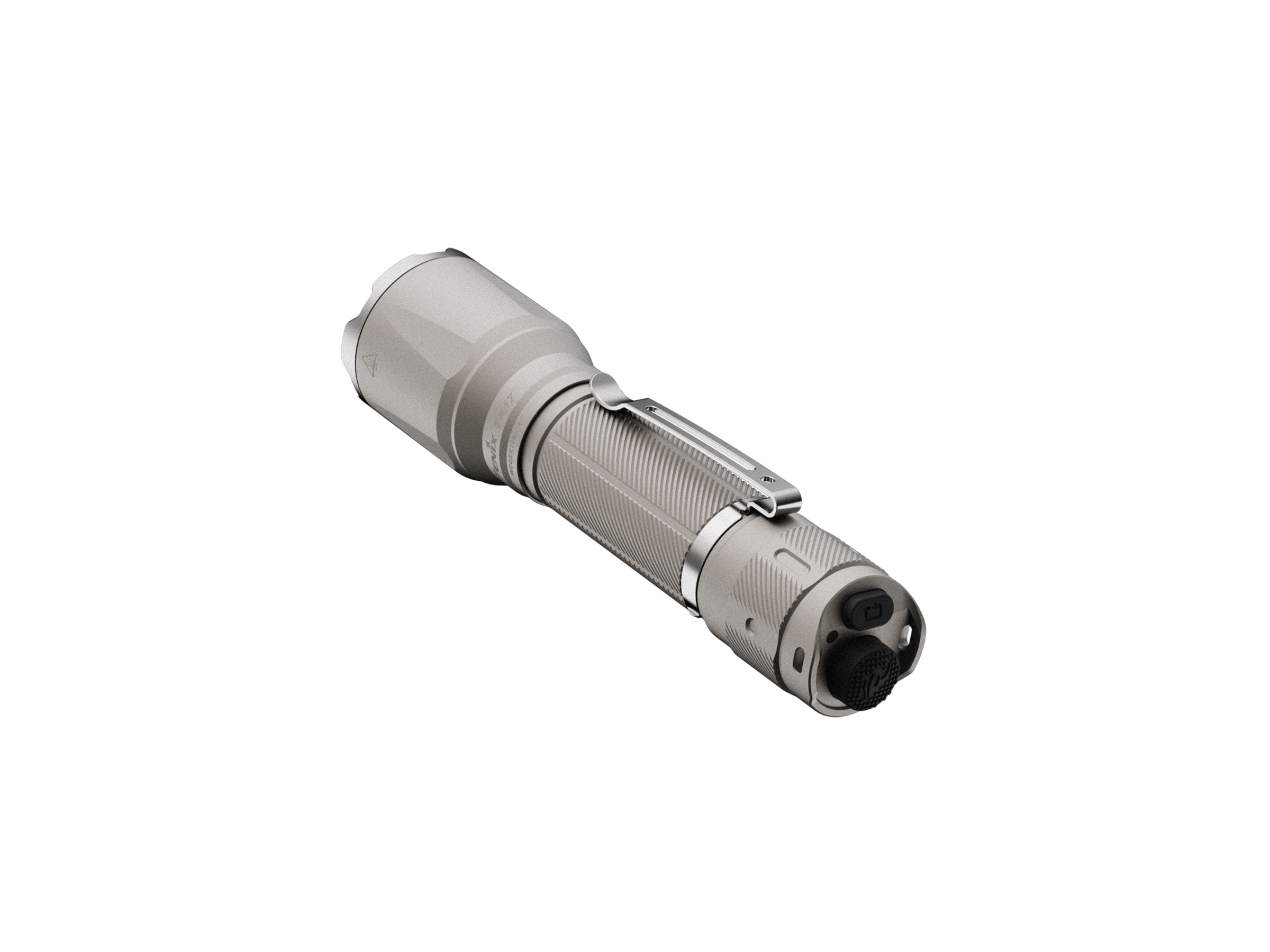 Fenix TK17 dual switch tactical flashlight in khaki, showcasing the rear view with buttons and textured grip.