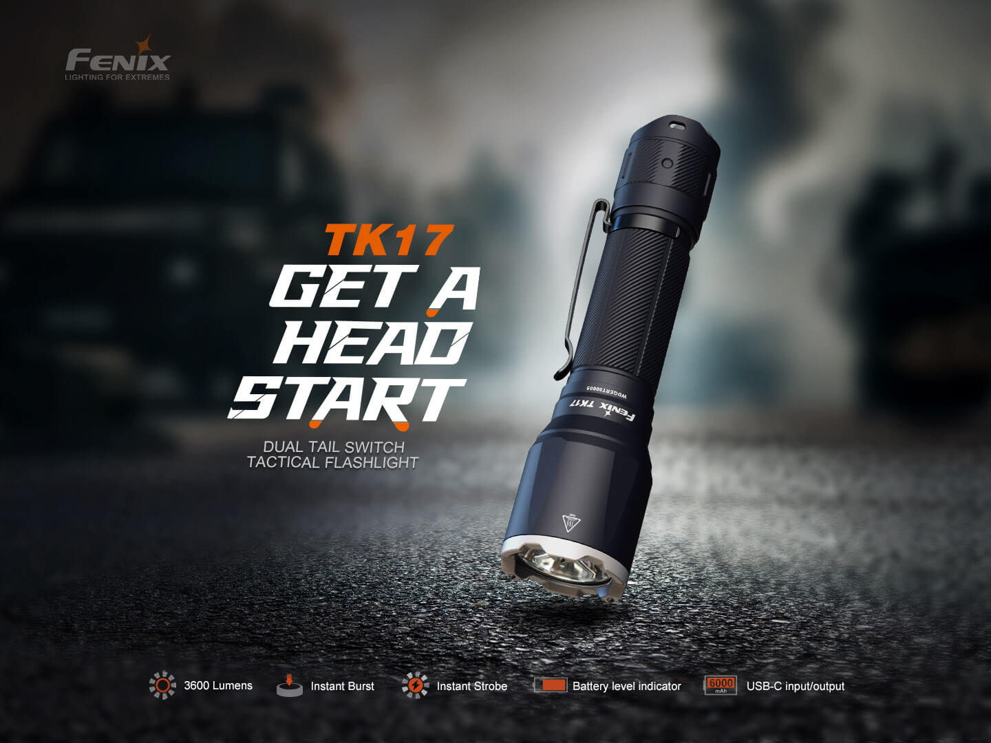 Fenix TK17 tactical flashlight with dual switches, showcasing sleek design and durable construction for reliable use.
