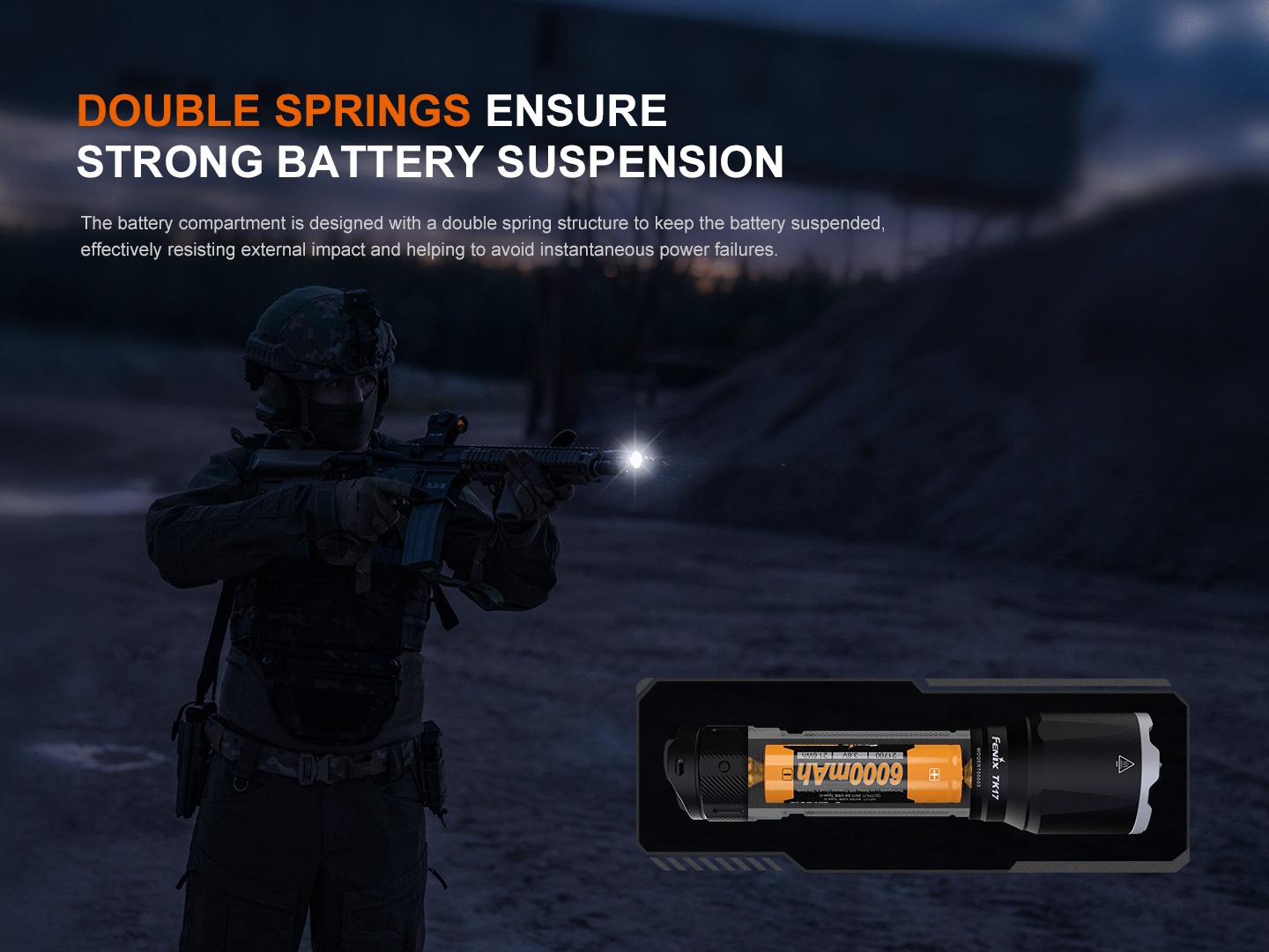 Fenix TK17 tactical flashlight with dual switch design, showcasing its durable construction and bright LED light.