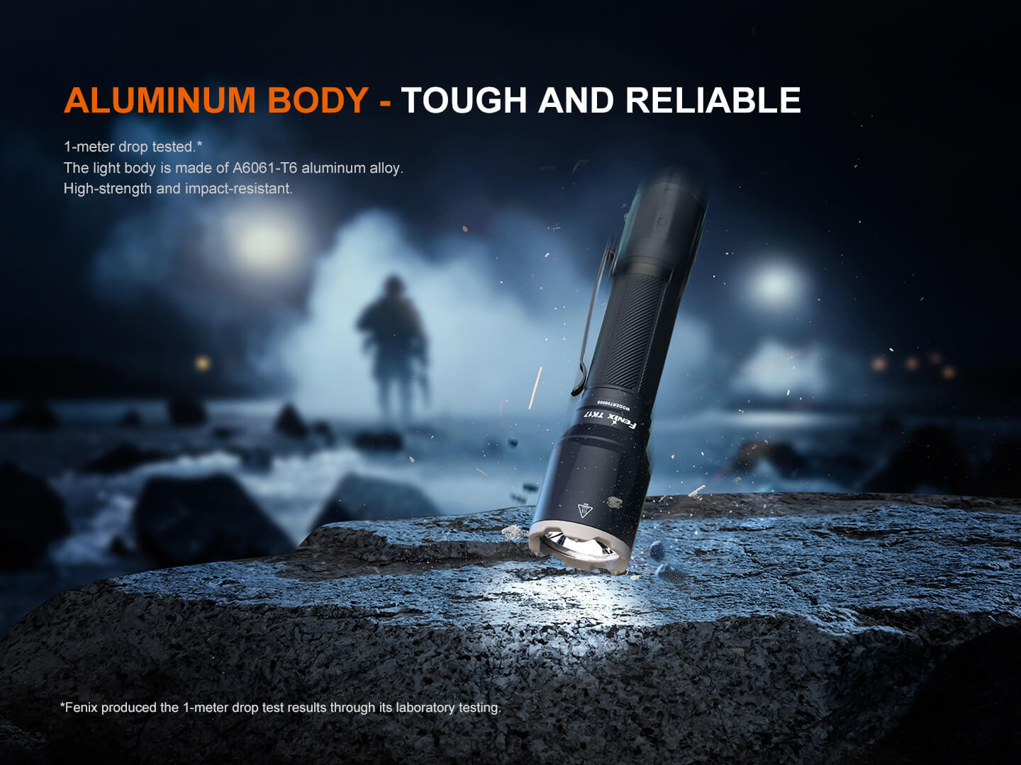 Fenix TK17 tactical flashlight with dual switch, showcasing its rugged design and powerful beam in a tough environment.