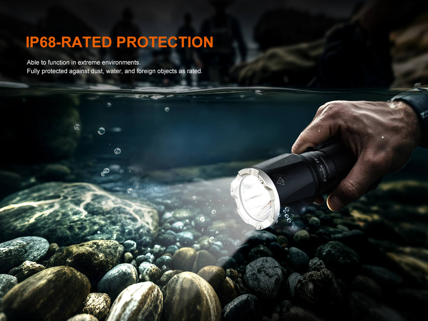 Fenix TK17 dual switch tactical flashlight with waterproof design, showcasing its durable body and bright LED output.
