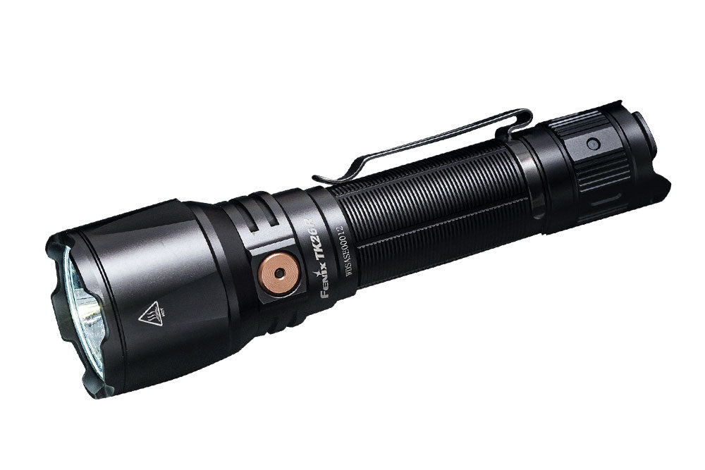Fenix TK26R Tactical LED Flashlight with 1500 lumens, showcasing a sleek design and durable build for outdoor use.