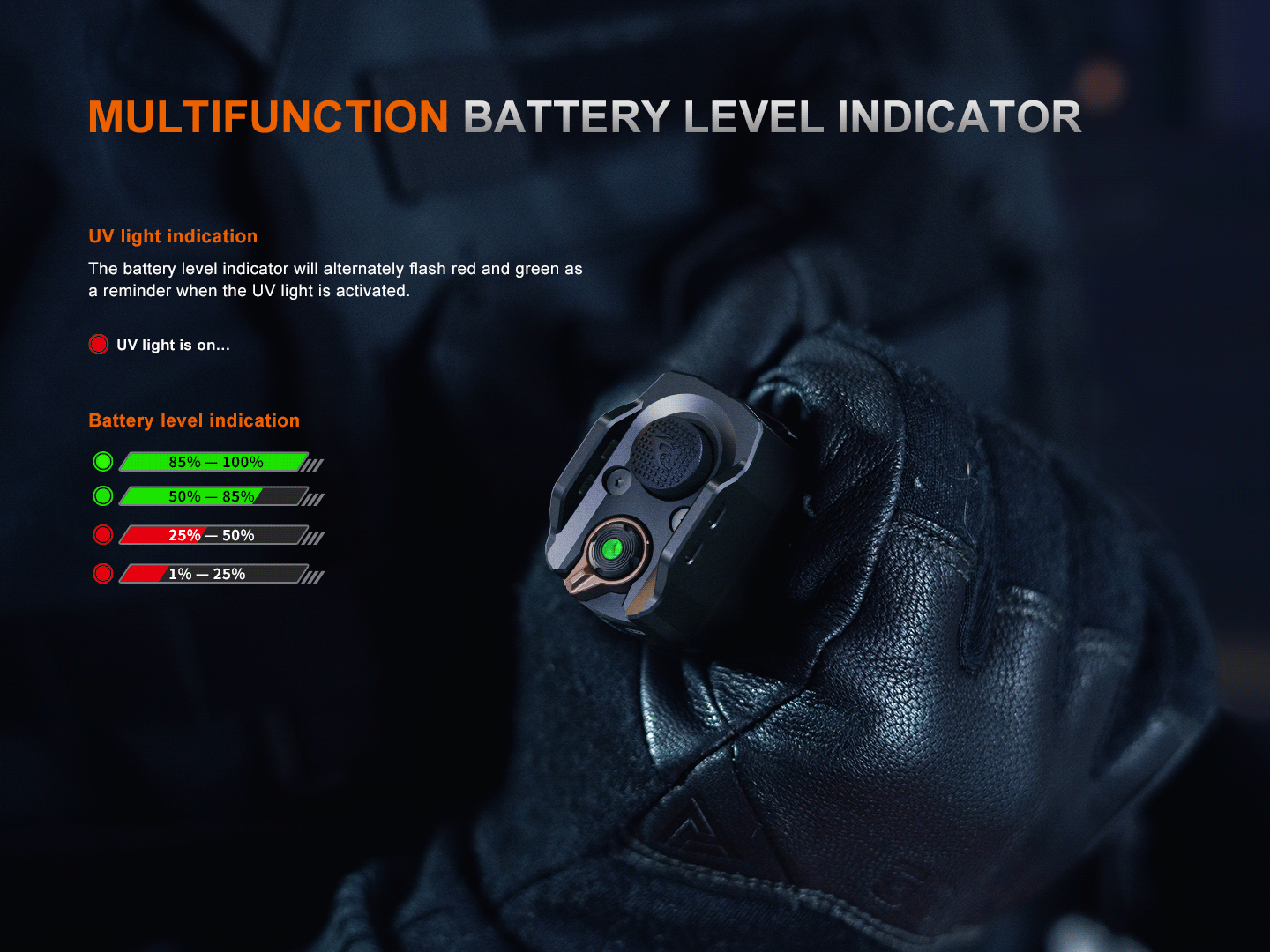 Fenix TK35R UV rechargeable tactical flashlight with high-performance features and a durable design, illuminating dark spaces.