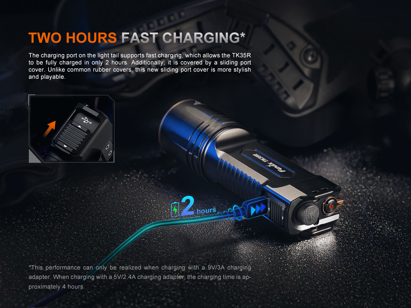 Fenix TK35R UV rechargeable tactical flashlight with bright beam and durable design, showcased in a dark setting.