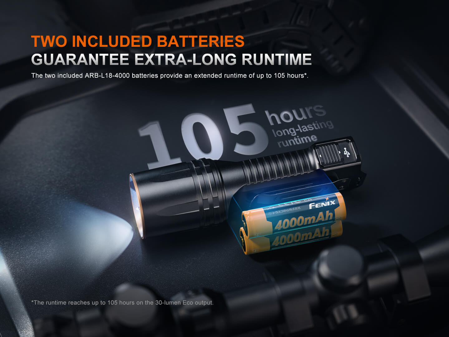 Fenix TK35R UV rechargeable tactical flashlight with durable design and multiple brightness settings.