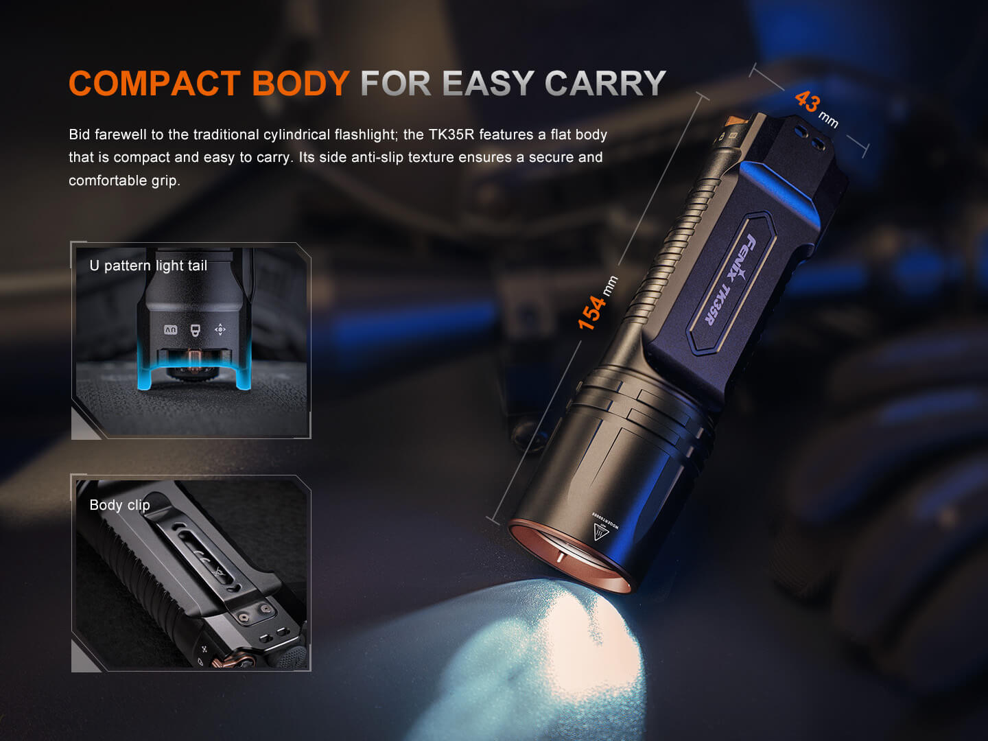 Fenix TK35R UV tactical flashlight with rechargeable battery, showcasing its sturdy design and bright illumination features.