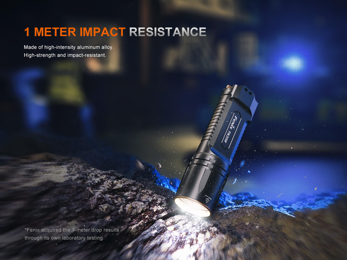 Fenix TK35R UV rechargeable tactical flashlight with a sleek design and multiple brightness settings in a dark setting.