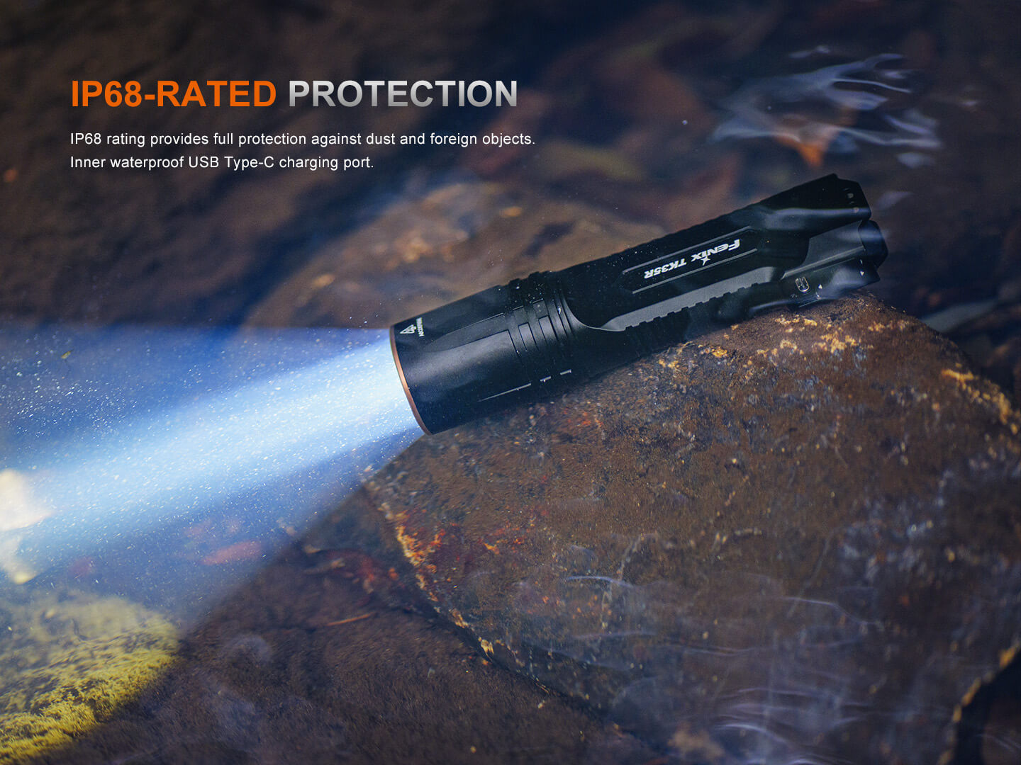 Fenix TK35R UV rechargeable tactical flashlight with high-performance features and durable design.