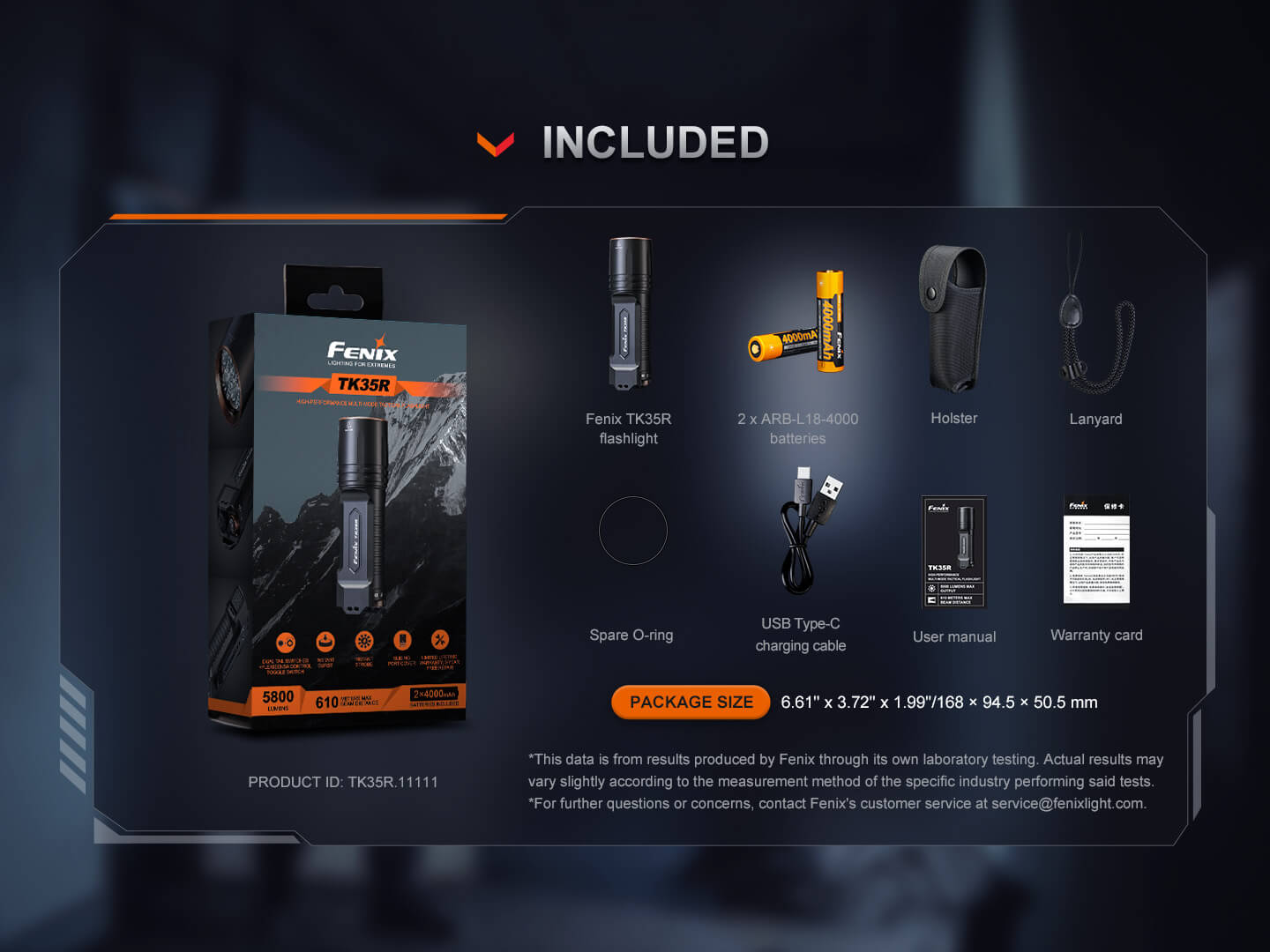 Fenix TK35R UV rechargeable tactical flashlight with a robust design and bright beam, ideal for outdoor activities.