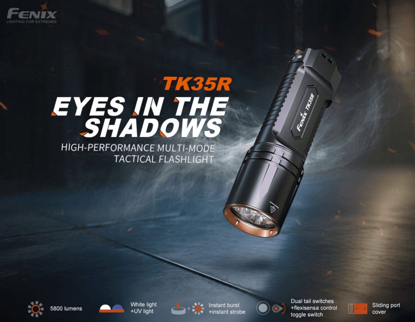 Fenix TK35R UV rechargeable tactical flashlight with high-performance features and sleek design on a white background.