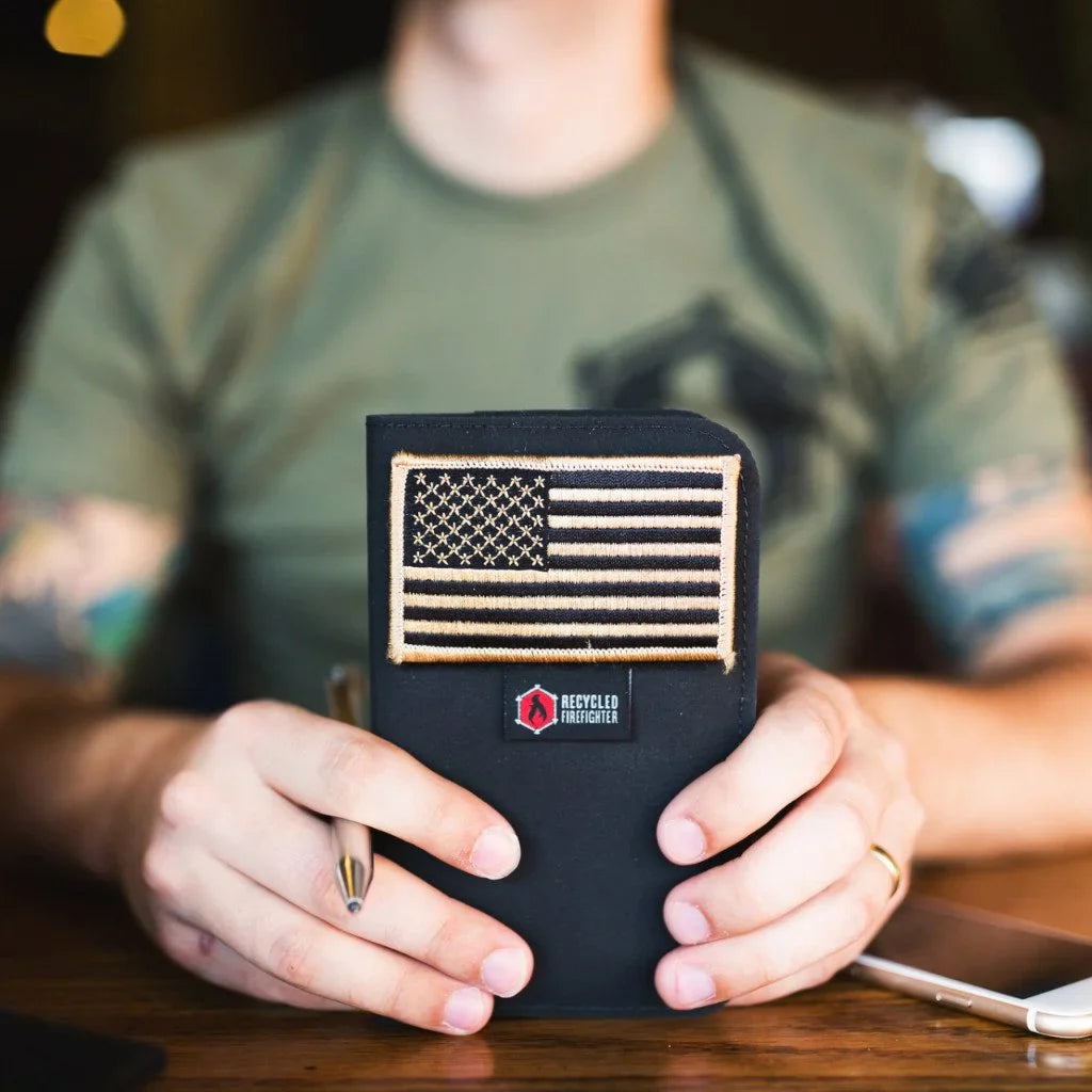 Recycled Firefighter black Field Notes wallet made from durable Hypalon material, compact and slim for everyday use.
