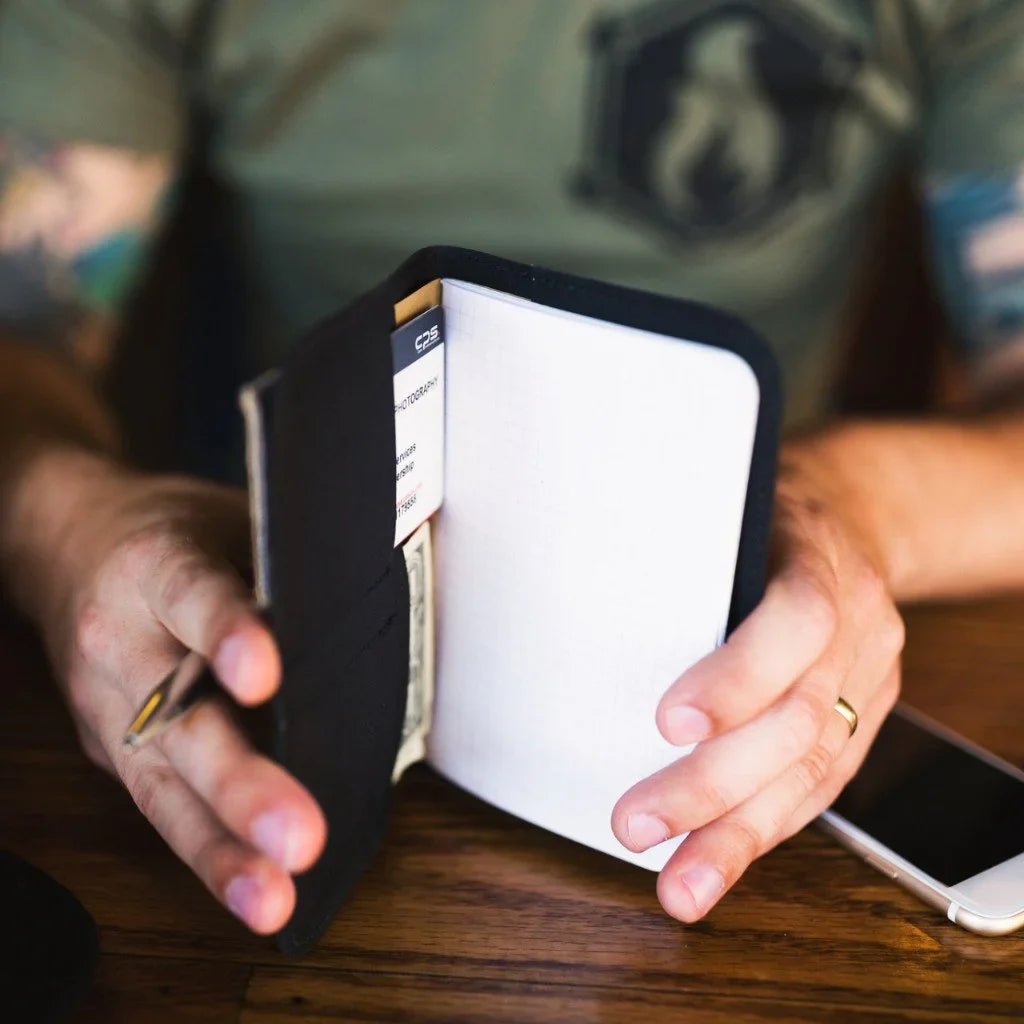 Recycled Firefighter Field Notes Wallet made from recycled materials, featuring a compact design with multiple card slots.