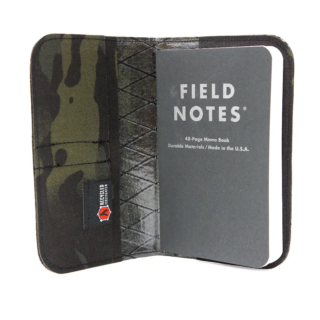 Recycled Firefighter Field Notes Wallet made of recycled materials, compact design with card slots and cash compartment.