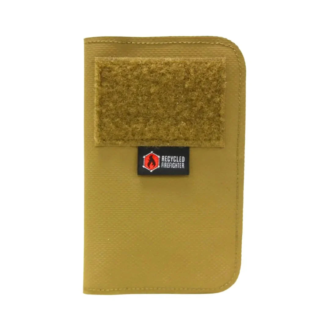 Recycled Firefighter Field Notes Wallet made from hypalon in coyote color, compact and durable for everyday use.