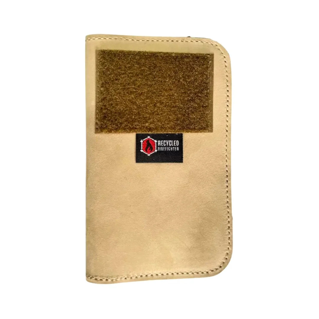 Recycled Firefighter leather Field Notes Wallet with coyote design, compact and durable for everyday use.