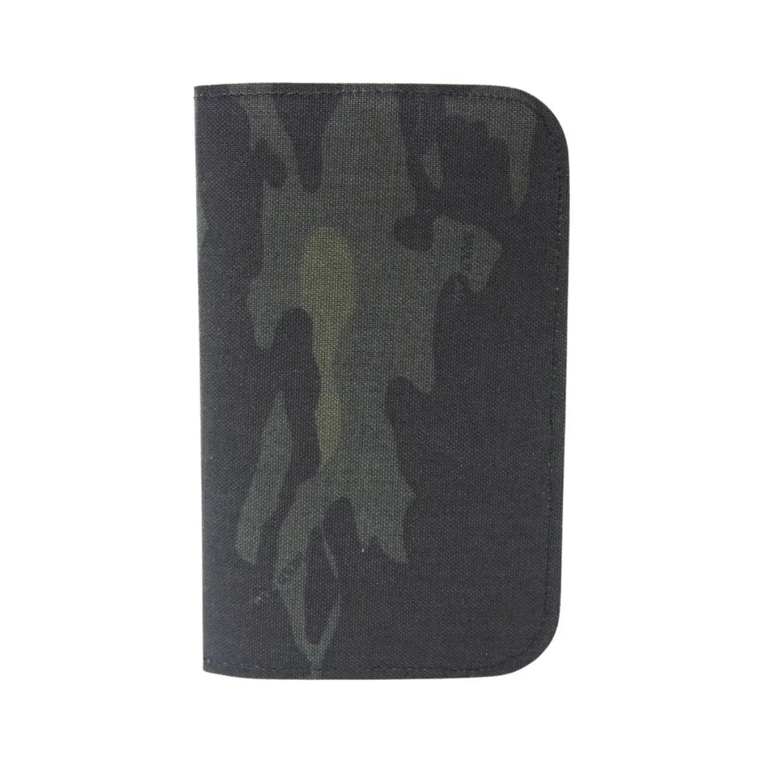 Recycled Firefighter Field Notes Wallet made of XPAC Multicam Black durable fabric with card slots and cash compartment.