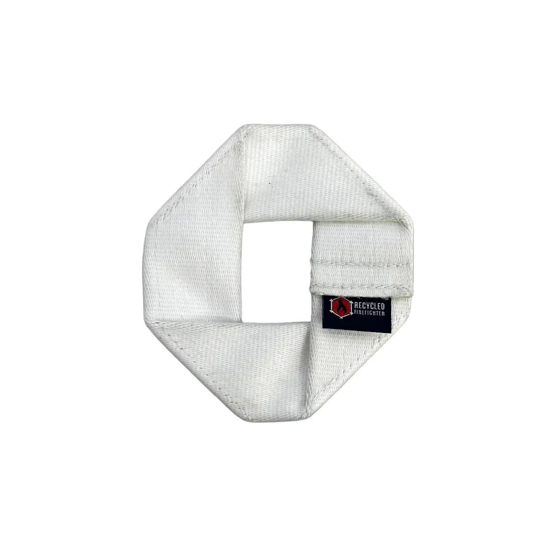 Recycled Firefighter Fire Hose Dog Frisbee JR, a durable white dog toy made from recycled fire hose material.