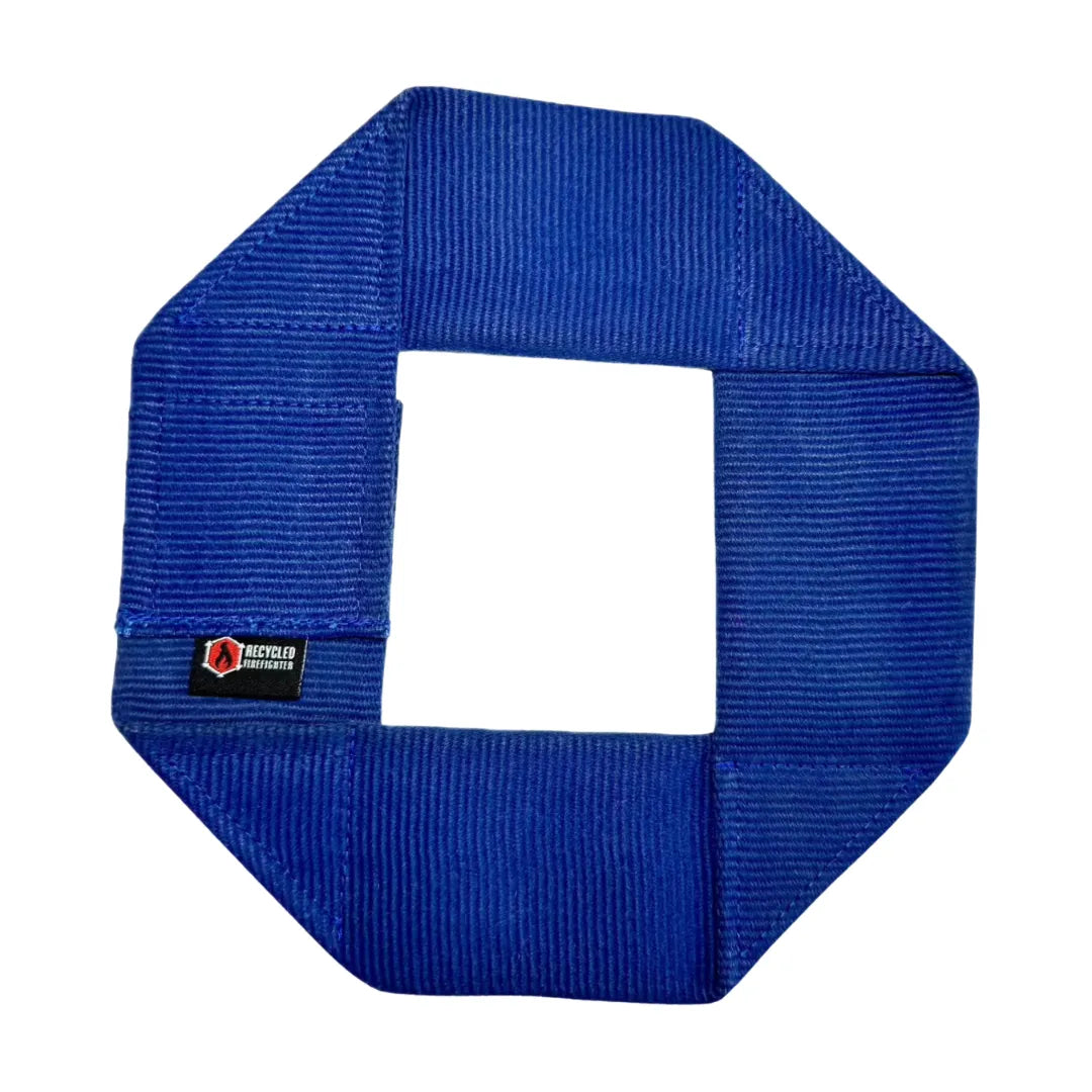 Recycled Firefighter fire hose dog frisbee, durable dog toy made from recycled fire hose material, designed for outdoor play and fetch.
