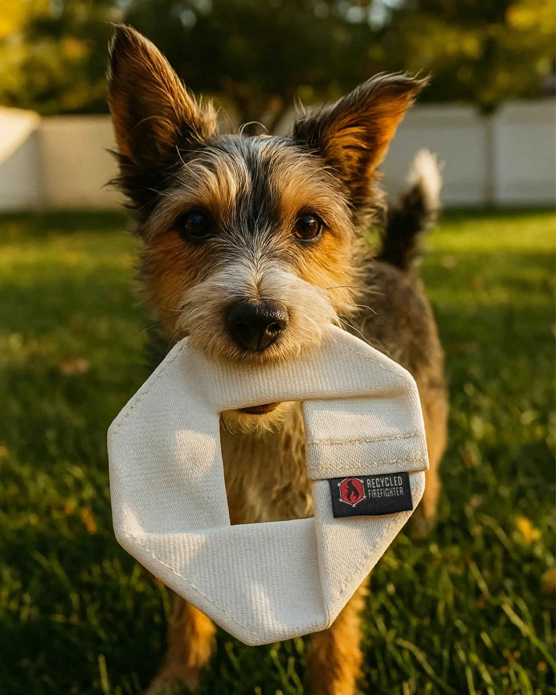 Red Fire Hose Dog Frisbee by Recycled Firefighter, a durable dog toy made from recycled fire hose material.