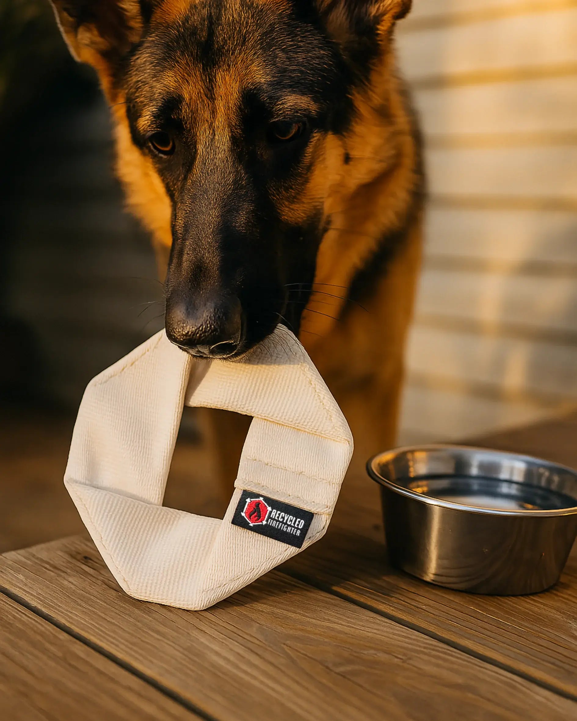 Red fire hose dog frisbee toy by Recycled Firefighter, durable and flexible for active dogs to chase and fetch.