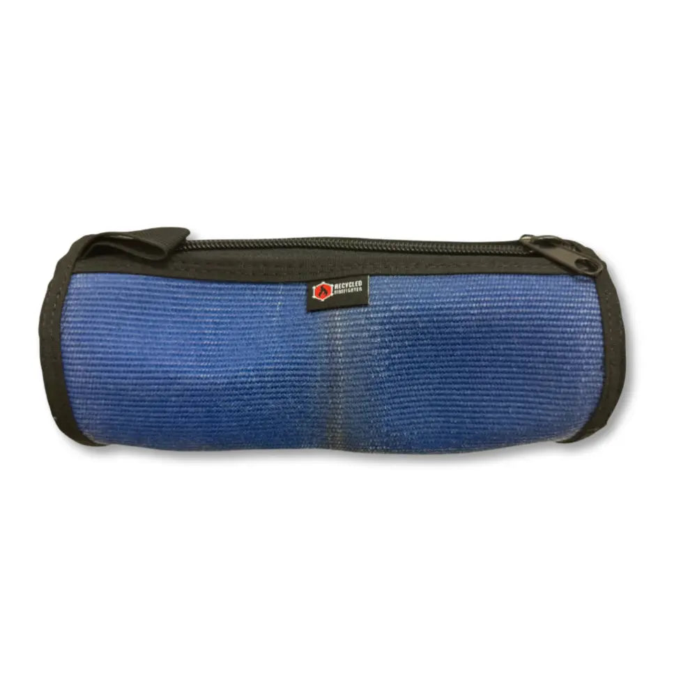 Blue fire hose Dopp kit by Recycled Firefighter featuring durable recycled fire hose material for travel and toiletries storage.