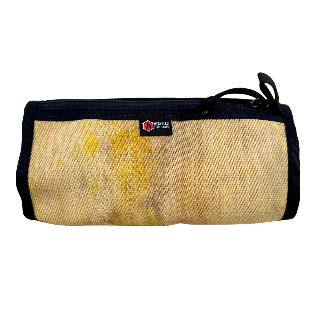 Recycled Firefighter fire hose dopp kit with colorful calico pattern, durable travel toiletry bag for men or women.