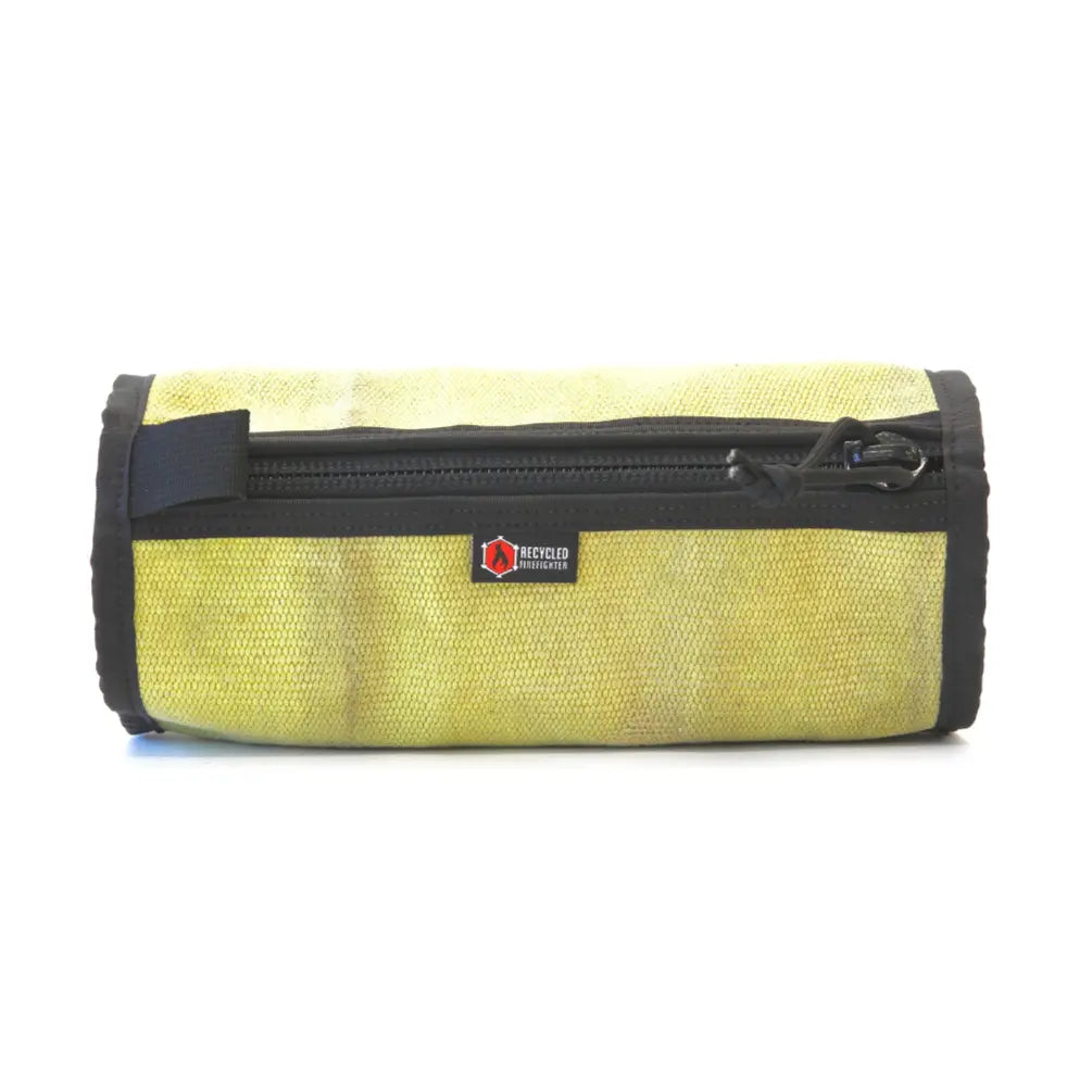 Recycled Firefighter yellow fire hose Dopp kit with zipper closure, durable travel toiletry bag for men.