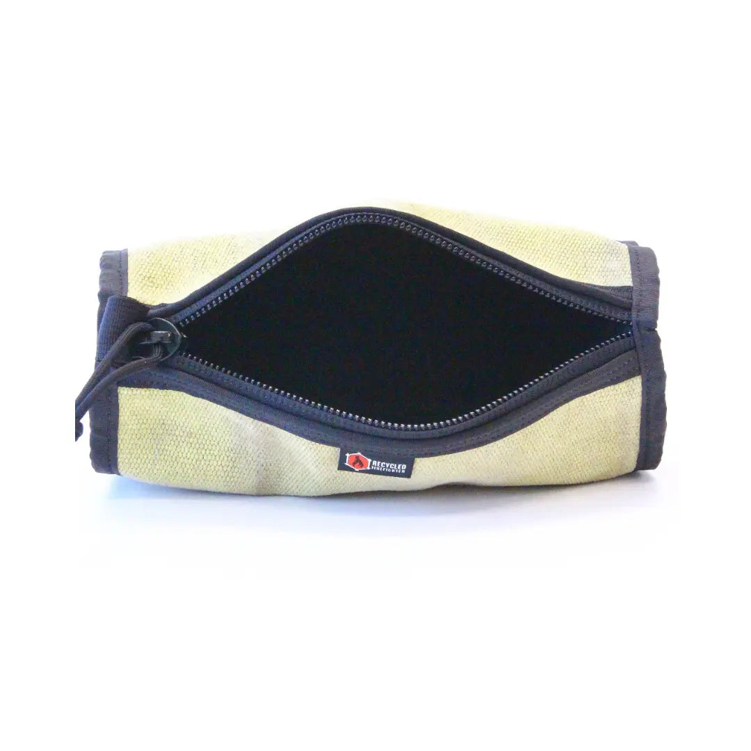 Yellow fire hose dopp kit by Recycled Firefighter, durable travel pouch with fire hose material and compact design.