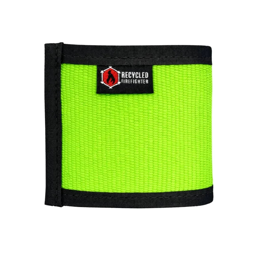 Green recycled fire hose drink sleeve by Recycled Firefighter, designed to keep beverages insulated and showcase durable fire hose material.