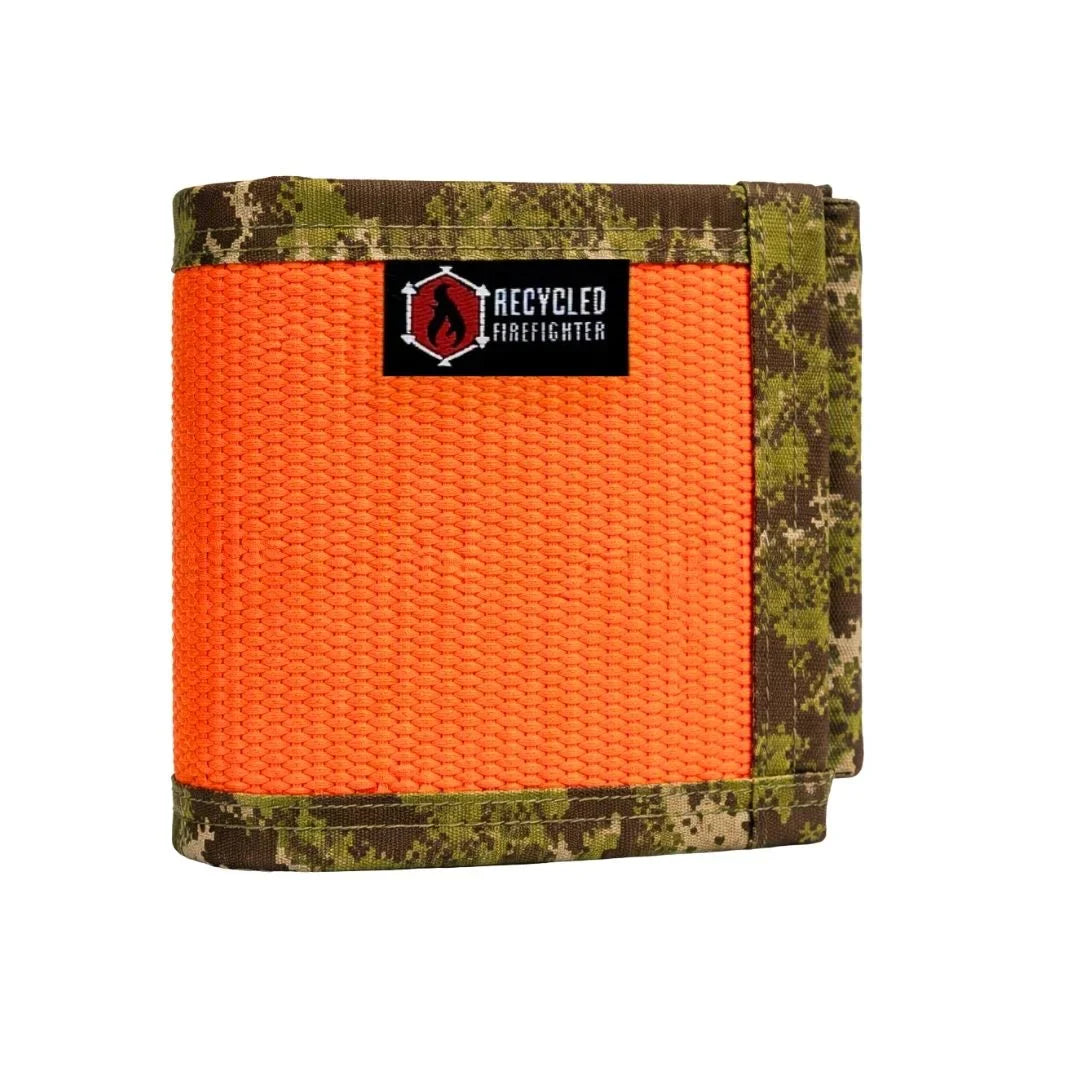 Recycled Firefighter Firehose drink sleeve in orange and green woodland digital camouflage for beverage containers.