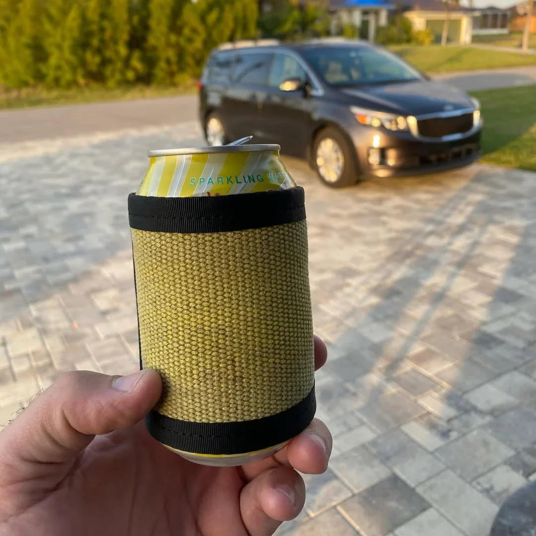 Recycled Firefighter Firehose drink sleeve in standard size, featuring a vibrant firehose pattern for insulated beverage protection.