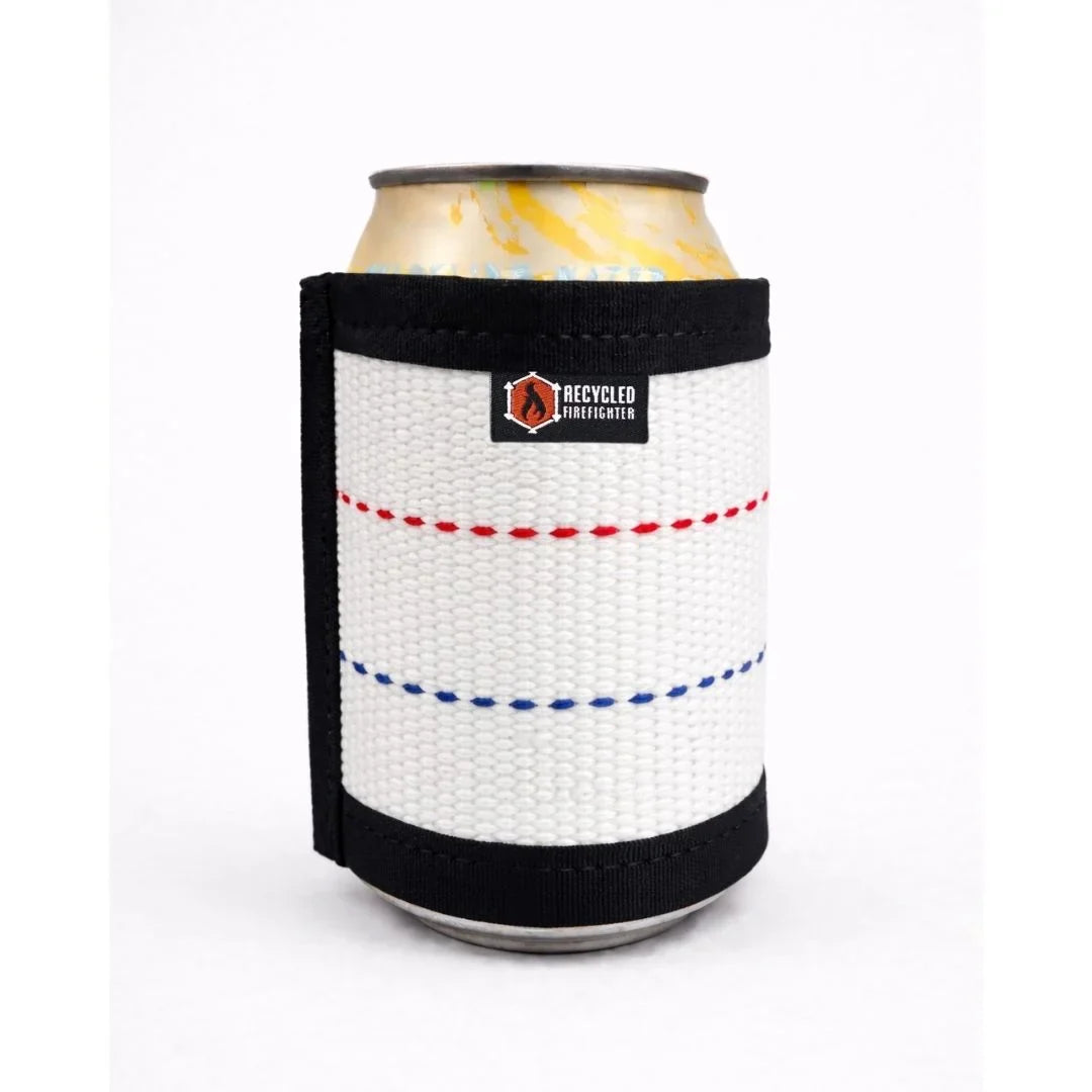 Recycled Firefighter Firehose drink sleeve in standard size, durable and vibrant, designed to keep beverages insulated.