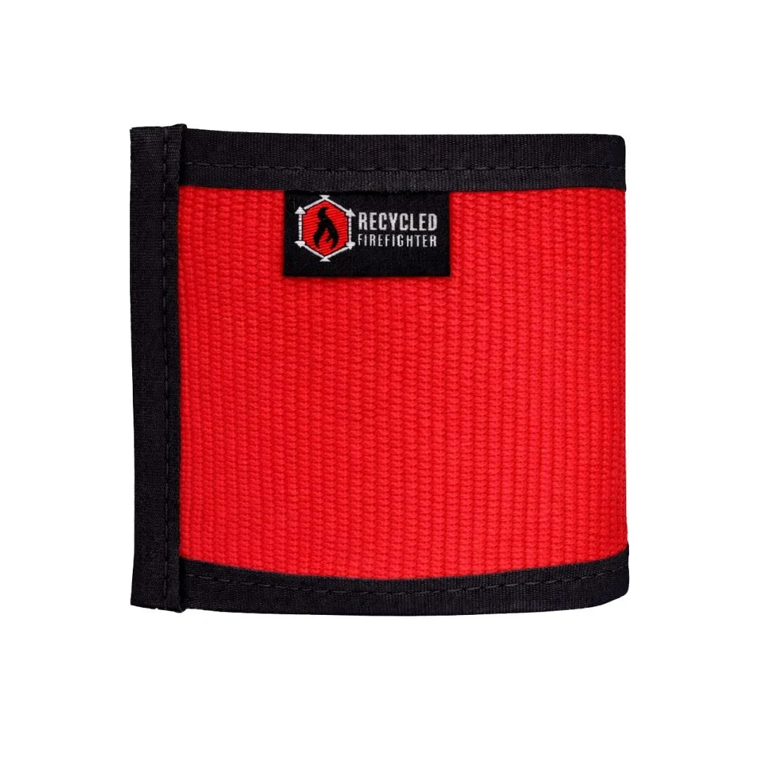 Red Firehose Drink Sleeve by Recycled Firefighter, featuring a durable, recycled firehose design for keeping drinks cold.