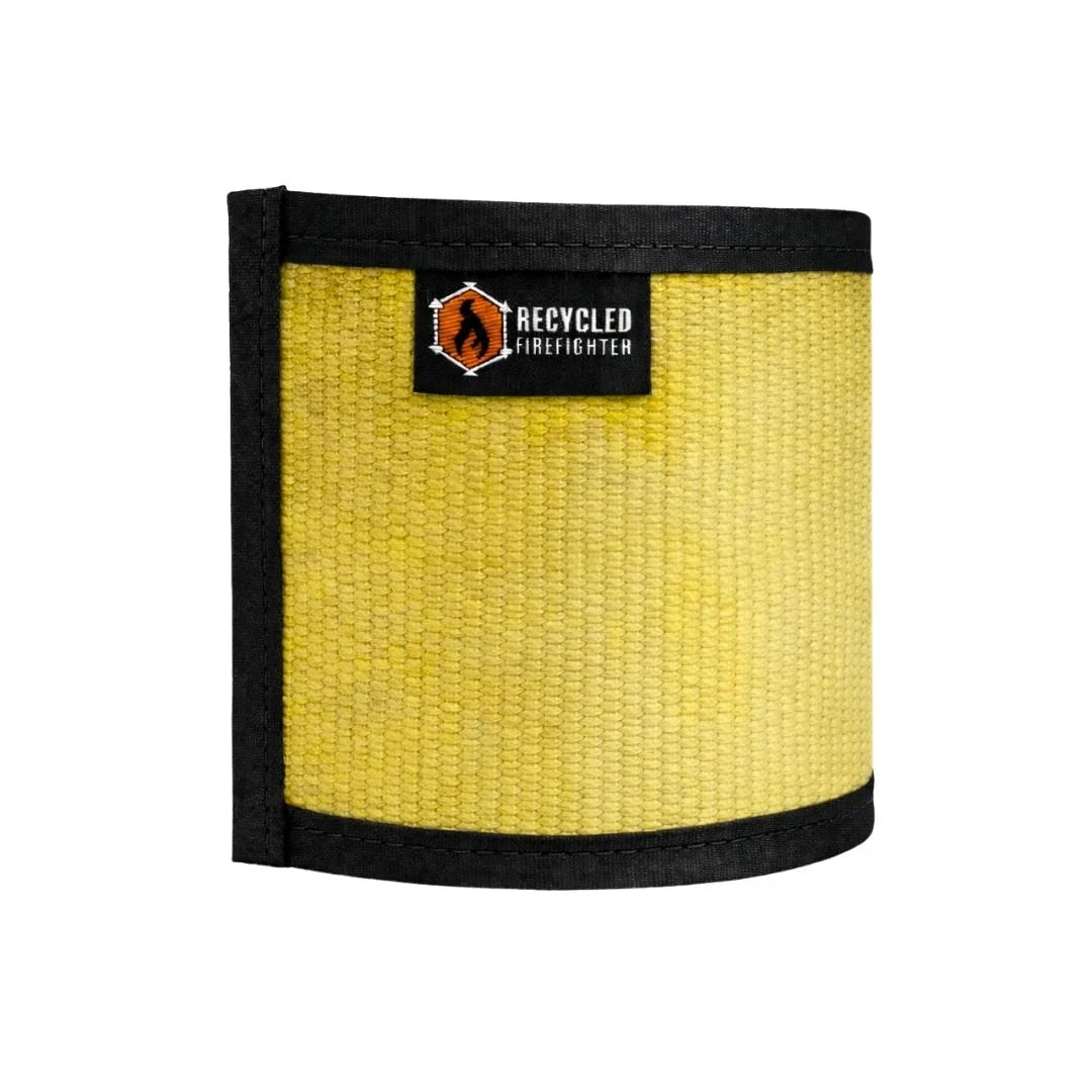 Recycled Firefighter Firehose Drink Sleeve in vintage yellow, designed to insulate and protect drinks with durable firehose material.