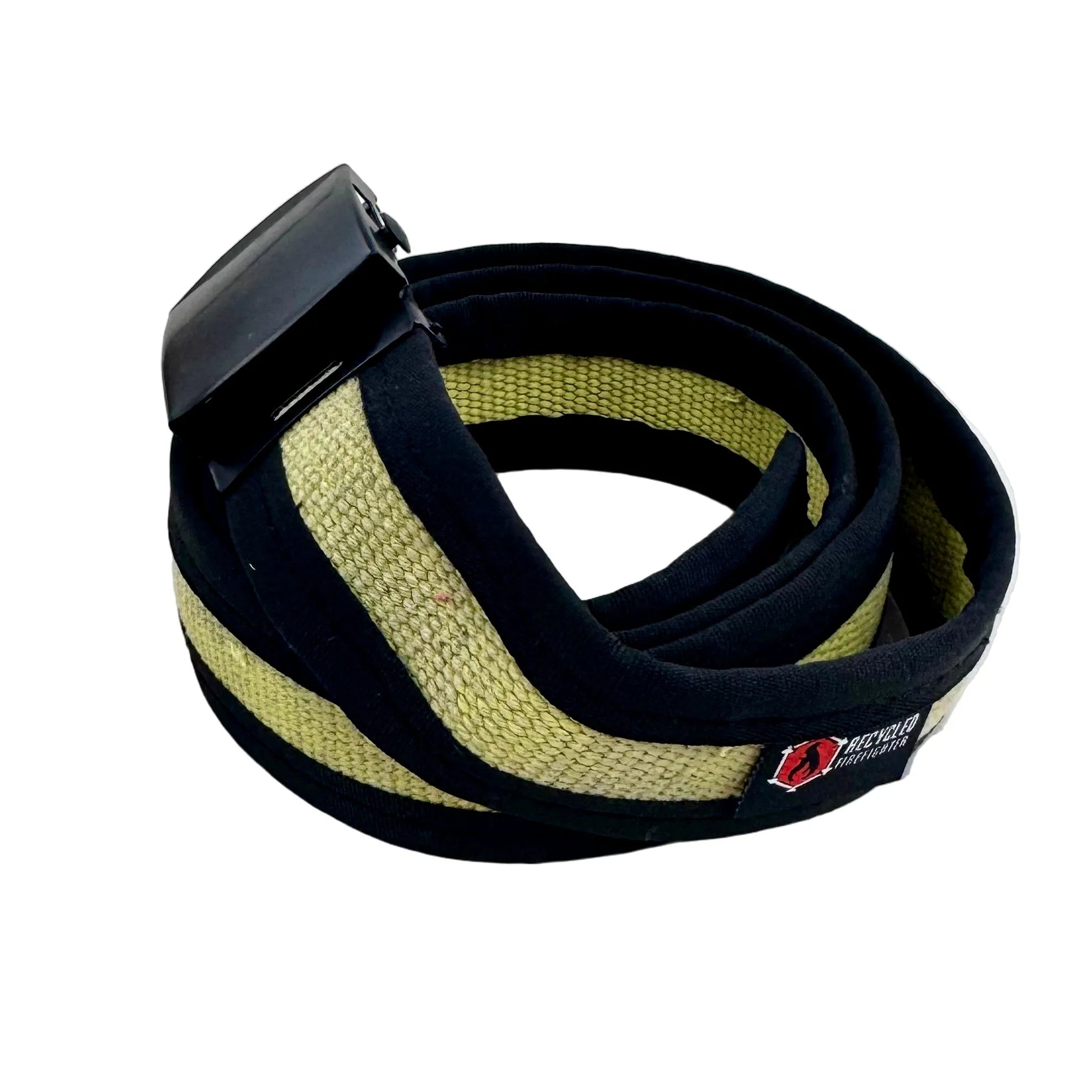 Black Fire Hose EDC Belt by Recycled Firefighter, showcasing durable material and adjustable buckle design.