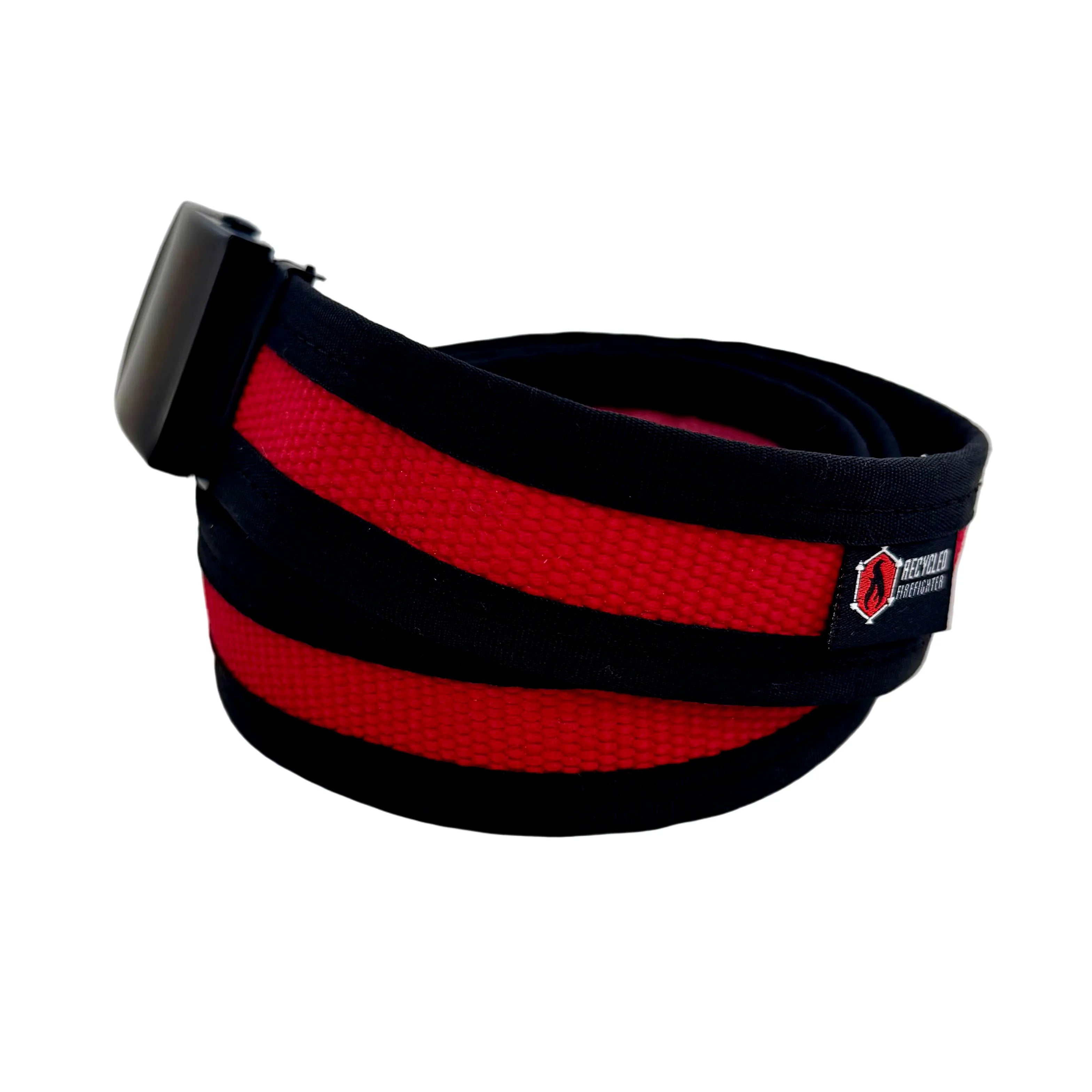 Black Fire Hose EDC Belt by Recycled Firefighter, showcasing durable, recycled material and a sturdy buckle design.