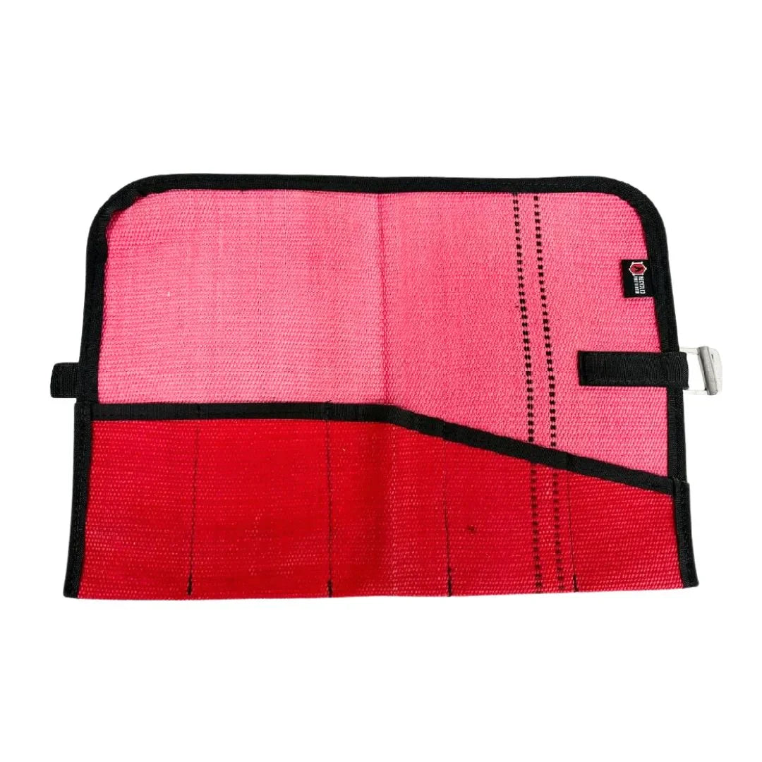 Red Recycled Firefighter fire hose tool roll with multiple compartments and sturdy strap for organizing firefighting tools.