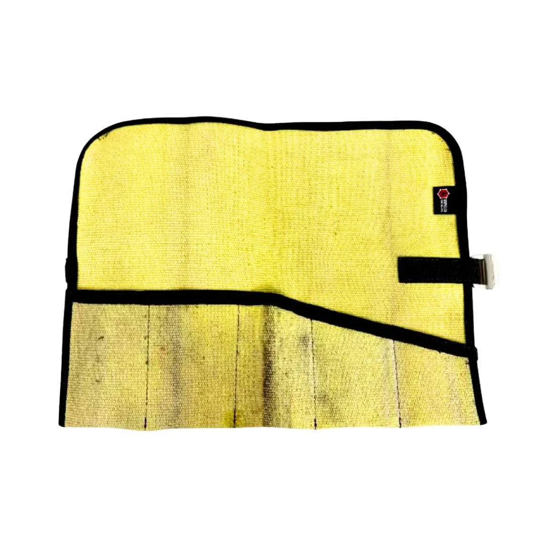 Vintage yellow Recycled Firefighter fire hose tool roll with multiple compartments for firefighting tools.