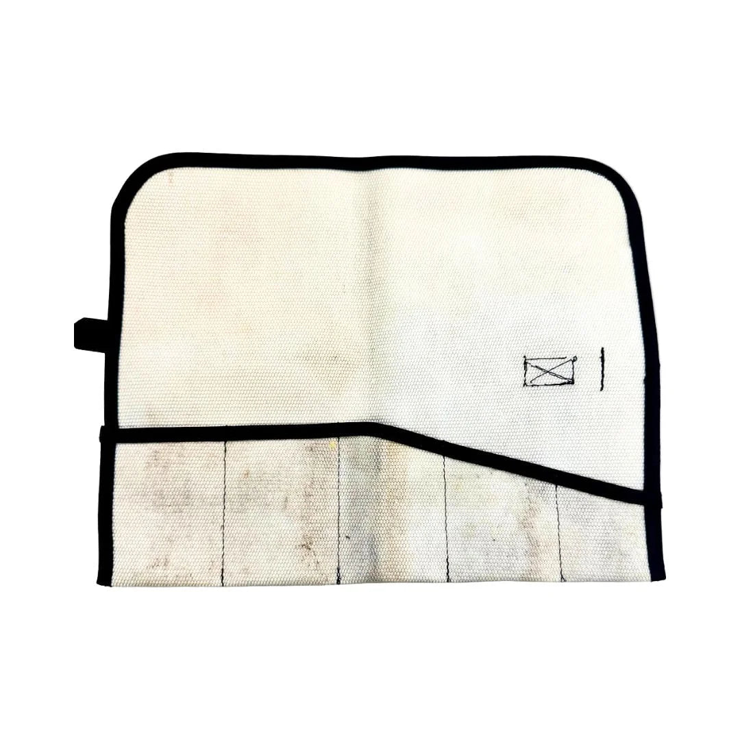 Recycled Firefighter vintage white fire hose tool roll with multiple compartments for organizing tools, durable canvas material.