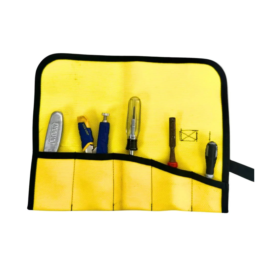 Yellow Recycled Firefighter fire hose tool roll with multiple pockets and straps for organizing firefighting tools.