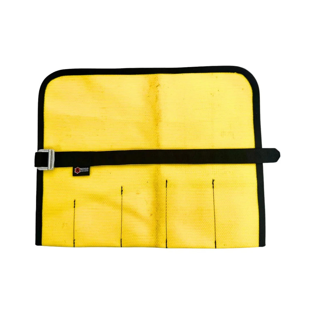 Yellow Recycled Firefighter fire hose tool roll with multiple compartments, designed for organizing firefighting tools.