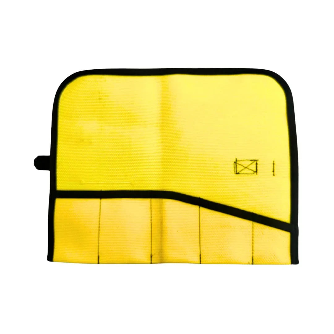 Yellow Recycled Firefighter fire hose tool roll with multiple compartments, designed for organizing firefighting tools and gear.