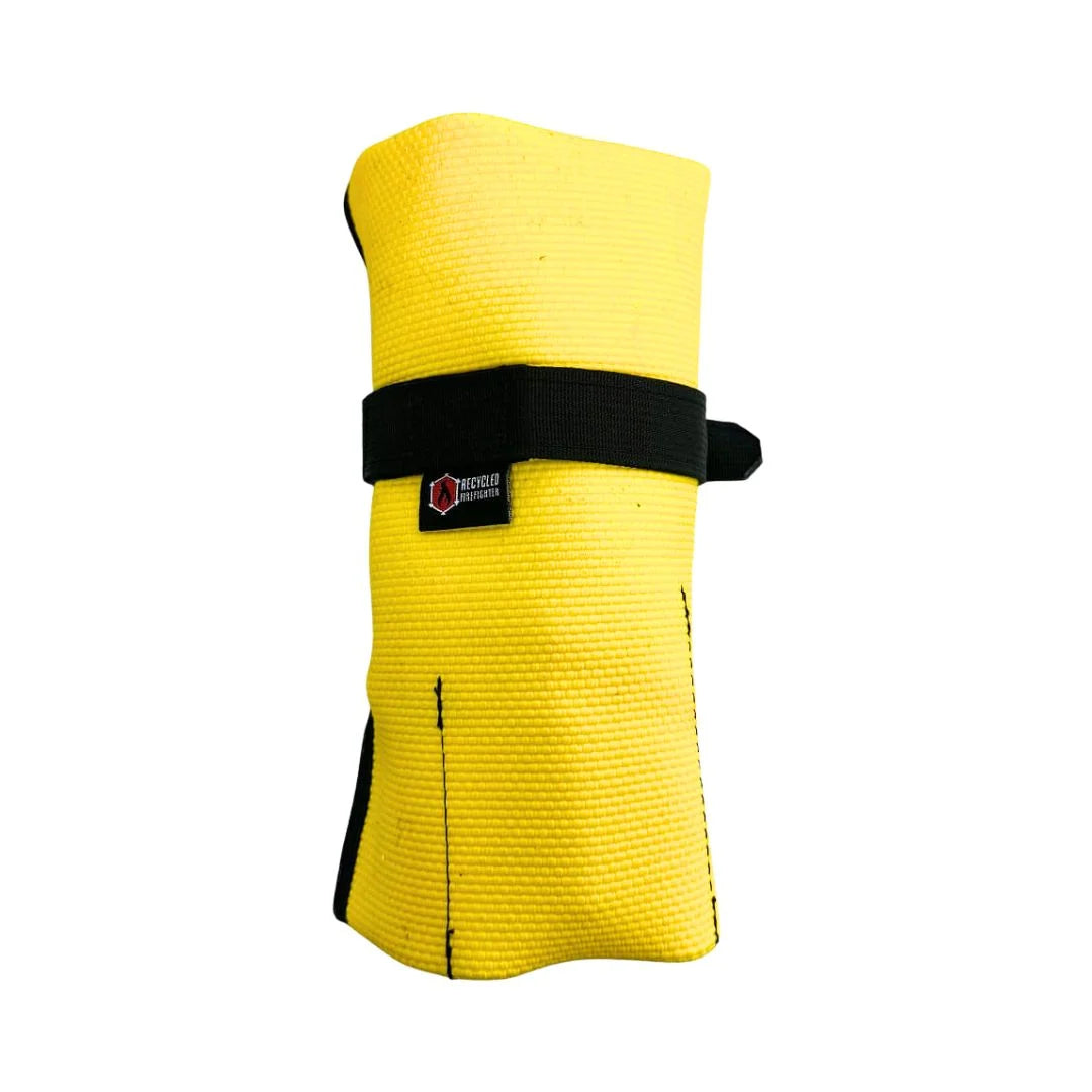 Yellow Fire Hose Tool Roll by Recycled Firefighter, showcasing durable storage pockets and a rugged design.