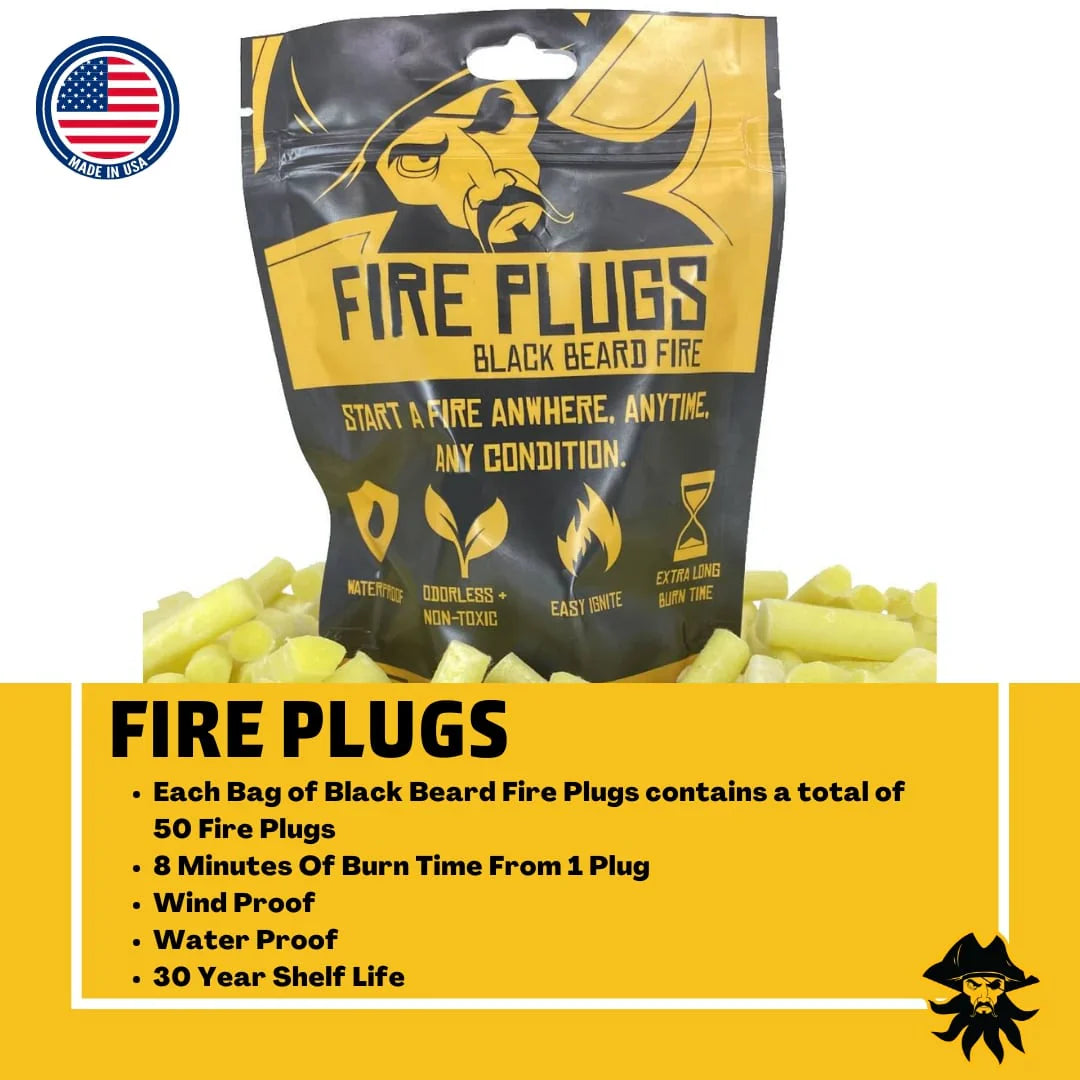 Black Beards Fire Plugs by Alpenglow Readiness Supply, outdoor fire starter kit with compact tinder plugs on display.