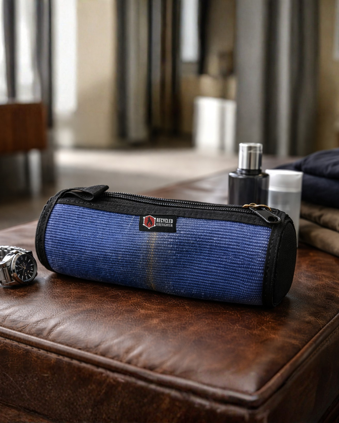 Recycled Firefighter fire hose Dopp Kit with durable fabric and zipper closure, designed for travel and everyday organization.