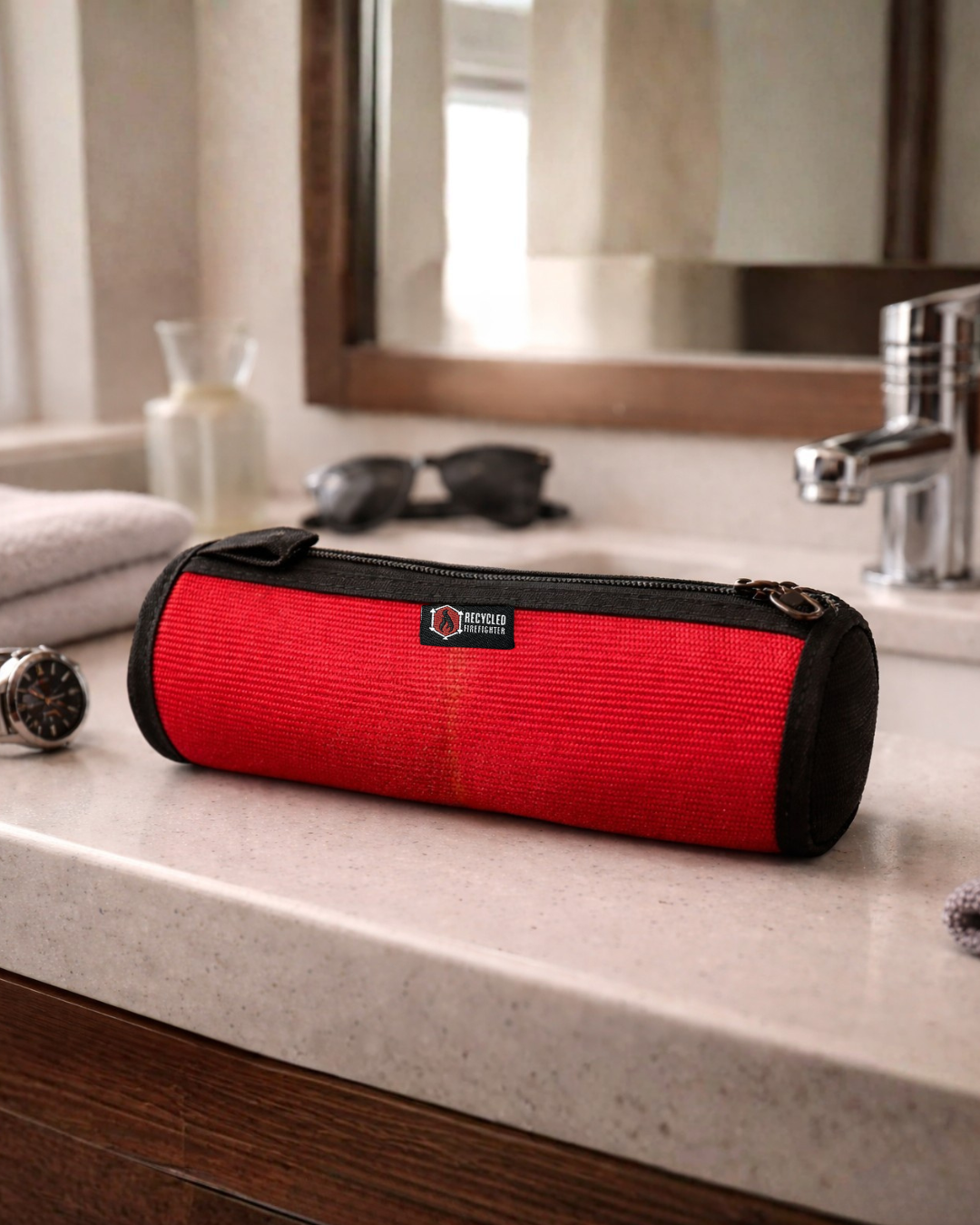 Recycled Firefighter fire hose Dopp kit with durable zippered compartment and rugged fire hose fabric, designed for travel and organization.