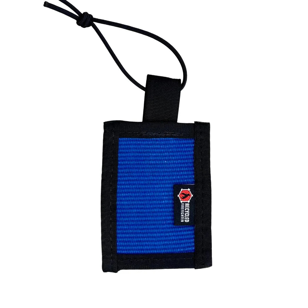 Blue Firehose Luggage Tag by Recycled Firefighter featuring a durable, reusable design with firehose-inspired details for travel.